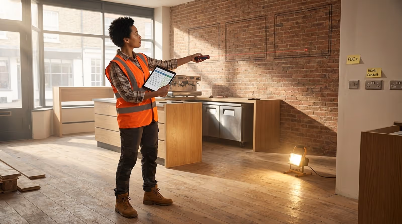 A person conducts a site check inside a cafe under construction, using a tablet and laser measure to plan layout and placement.