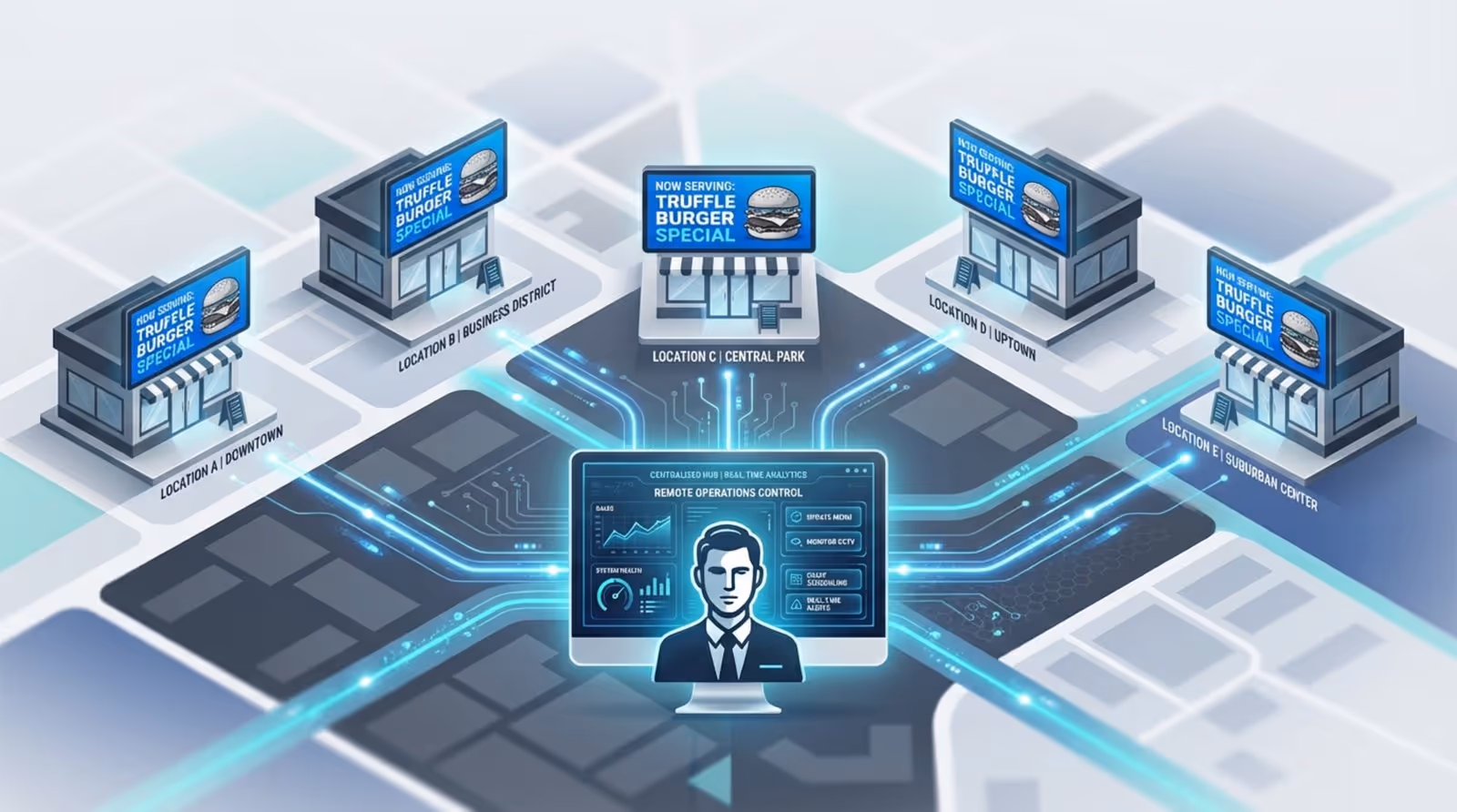 A digital infographic showing a manager controlling multiple restaurants remotely through centralized updates.