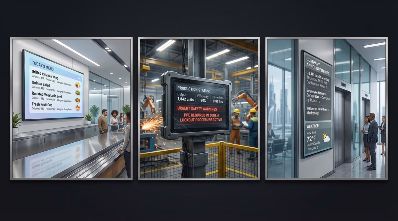Triptych illustration of digital bulletin boards in workplace settings displaying menus, production metrics, safety warnings, announcements, and weather updates.