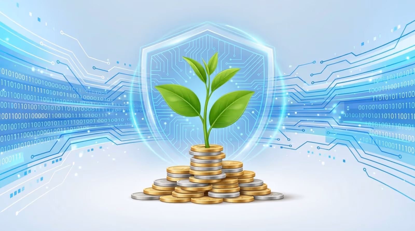 A digital shield glows around a sapling growing from coins, symbolizing security and financial growth through technology.