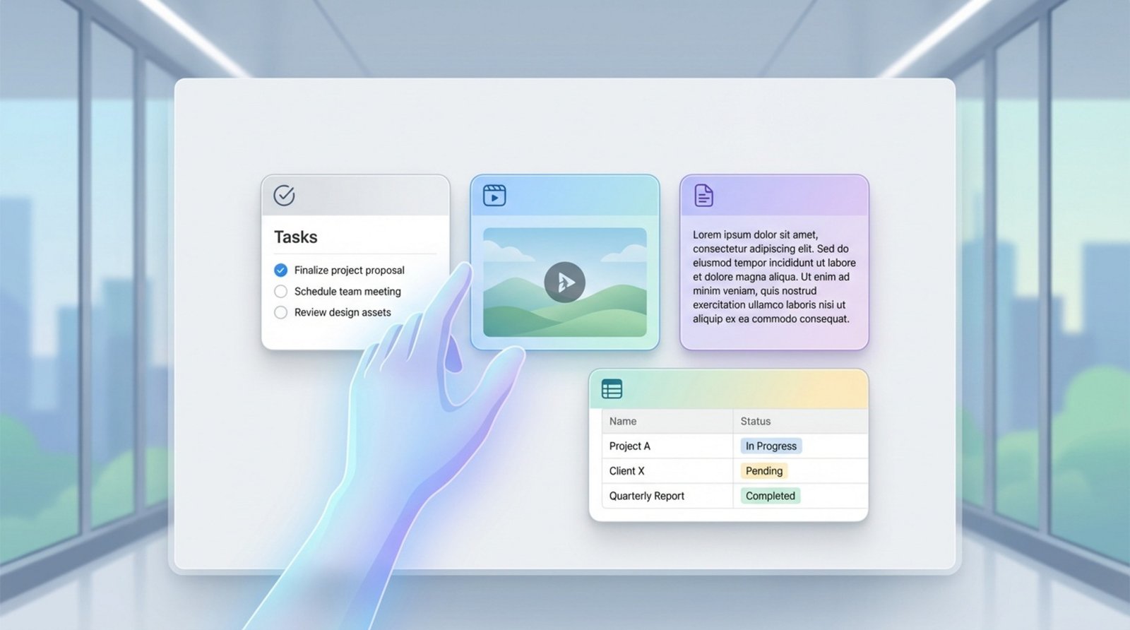 A digital canvas showing a hand arranging content blocks like Legos representing Notion's building architecture.