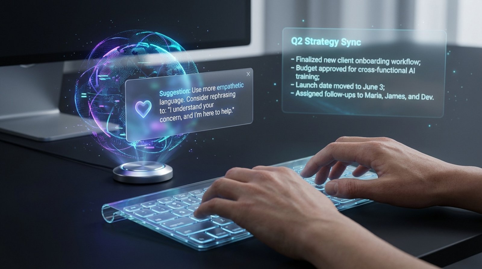 Hands type on a sleek keyboard with a holographic AI assistant nearby suggesting improvements. A visual summary of a meeting appears in the background, illustrating advanced AI communication technology.
