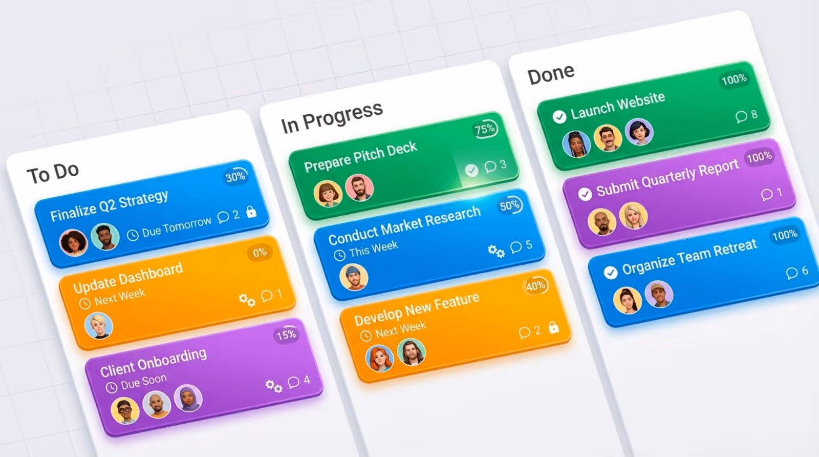 A colorful illustration of a project board with columns for tasks in progress and completion, representing organized workflow.