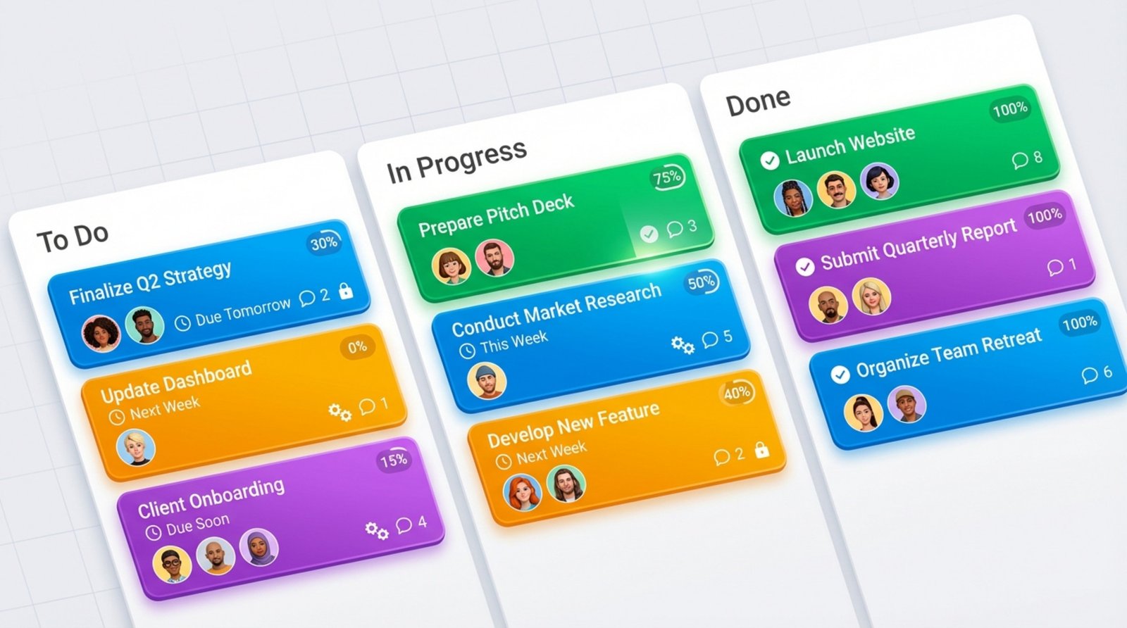A colorful illustration of a project board with columns for tasks in progress and completion, representing organized workflow.
