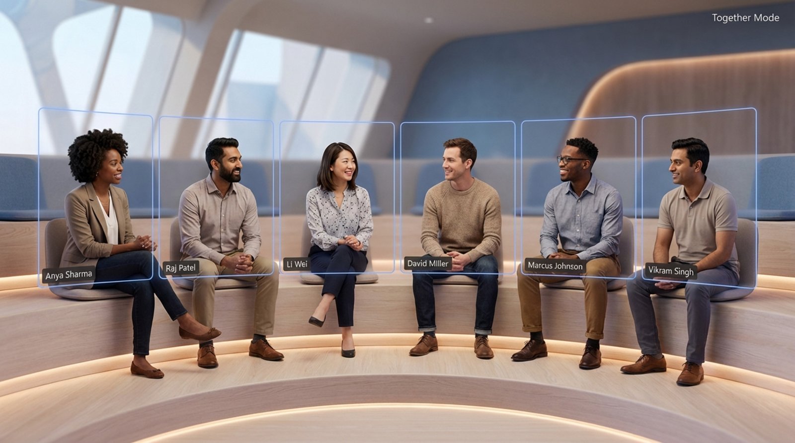 A diverse group of professionals engaged in a virtual conference using Together Mode to foster connection and reduce fatigue.