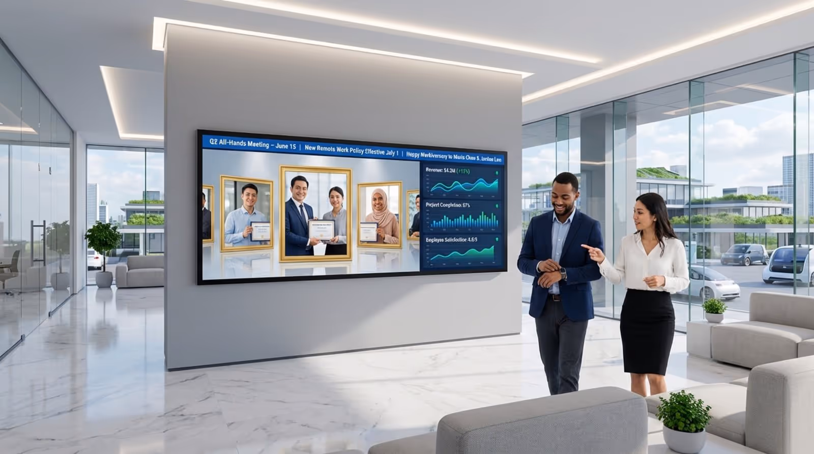 A professional office reception area featuring a large digital signage screen displaying company announcements recognition photos and a live data dashboard with employees walking by.