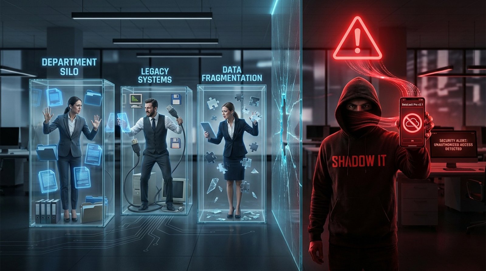 A conceptual illustration highlighting risks of outdated communication with employees in glass silos and shadow IT using unapproved apps.