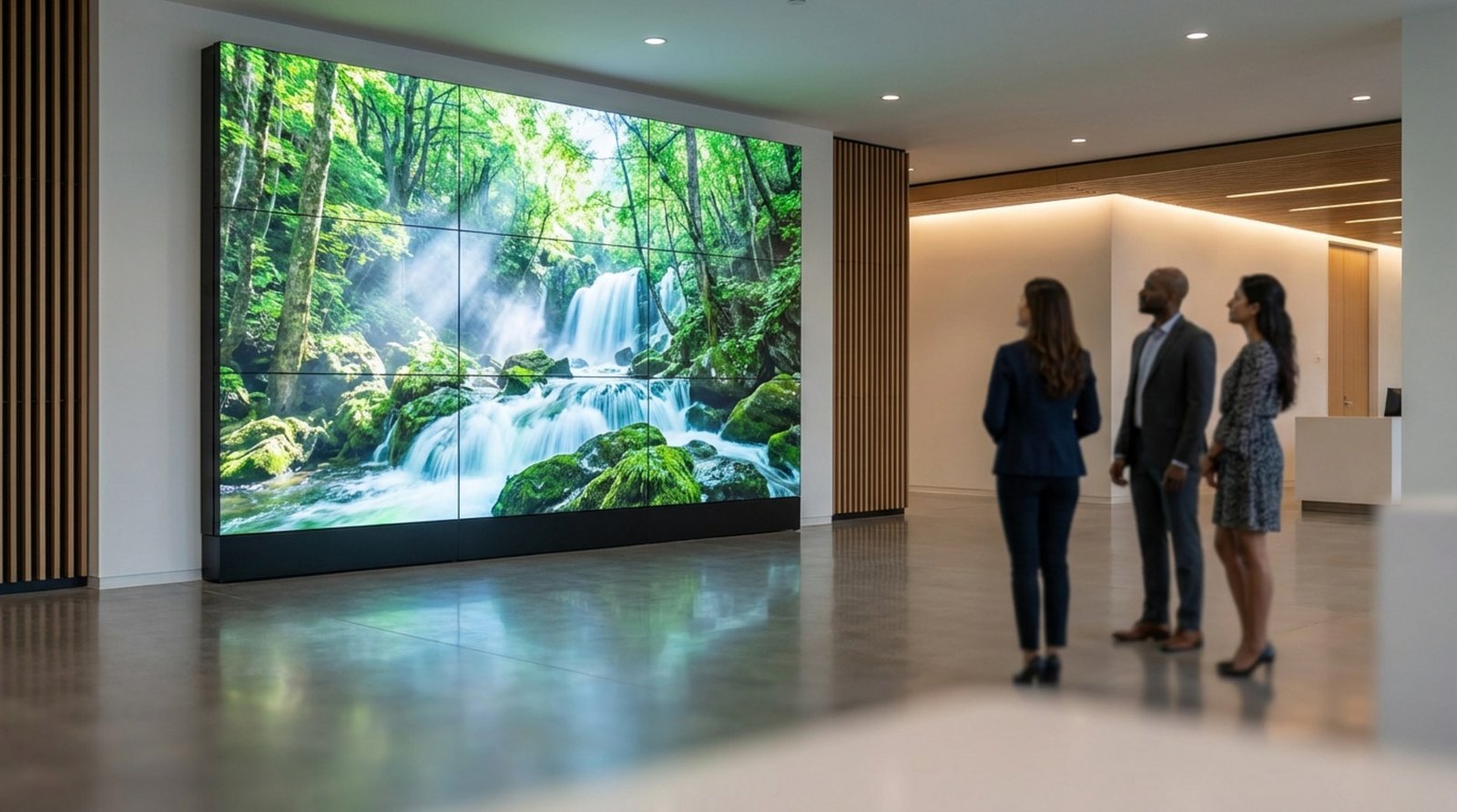 A large, seamless video wall displaying a high-resolution forest waterfall in a sleek corporate lobby.