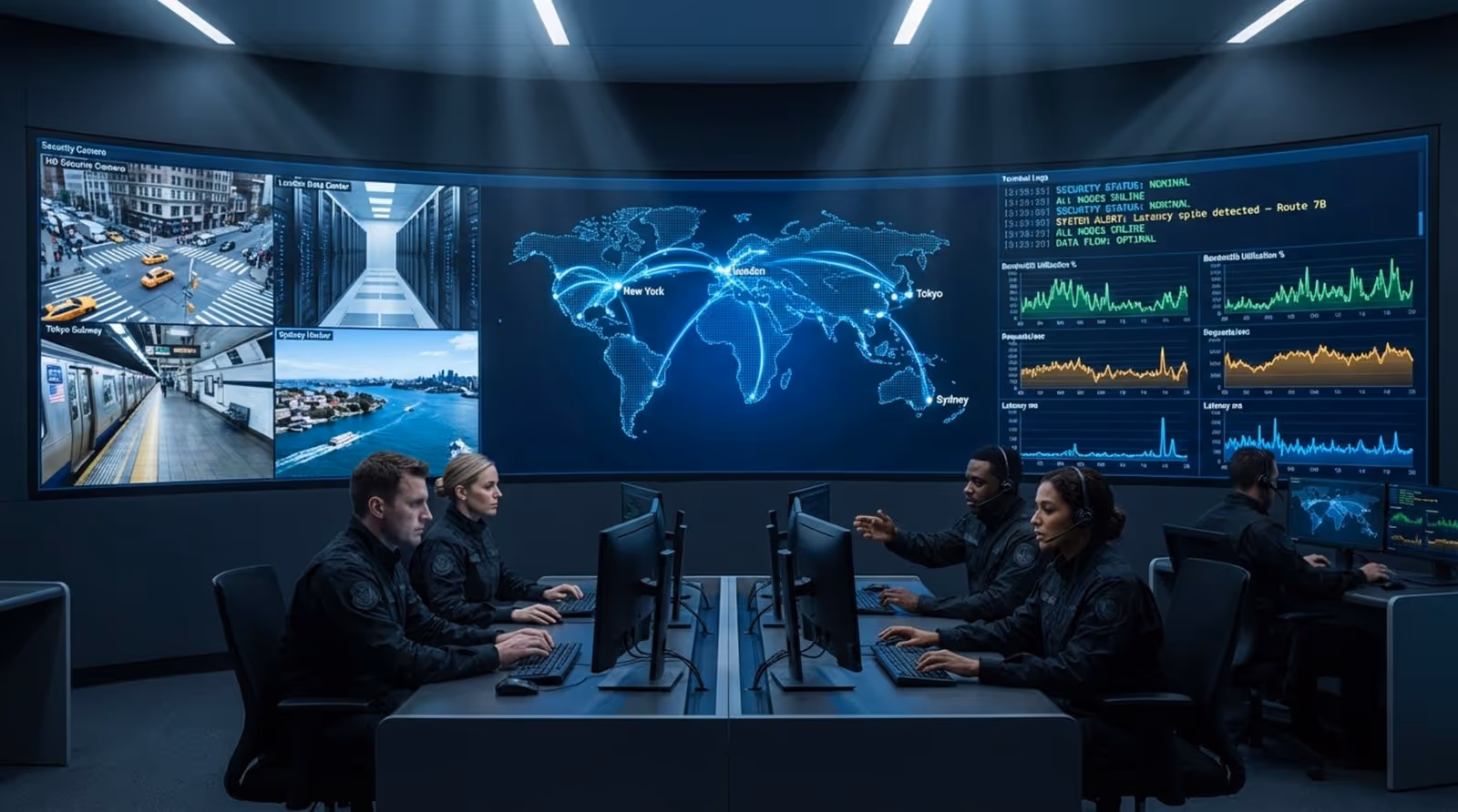 A command center with a large curved video wall displaying real-time security feeds, data maps, and performance graphs with operators monitoring the system.