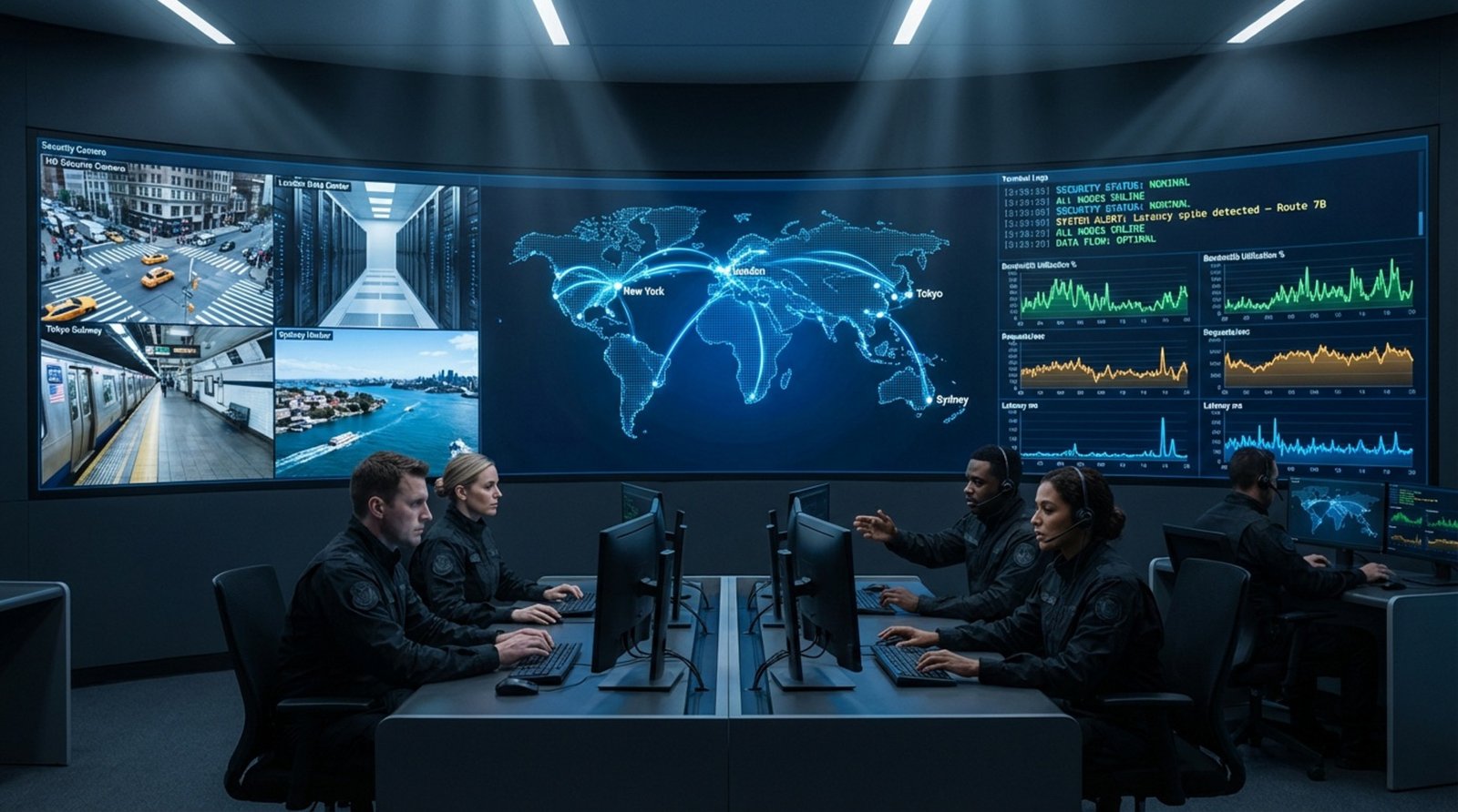 A command center with a large curved video wall displaying real-time security feeds, data maps, and performance graphs with operators monitoring the system.
