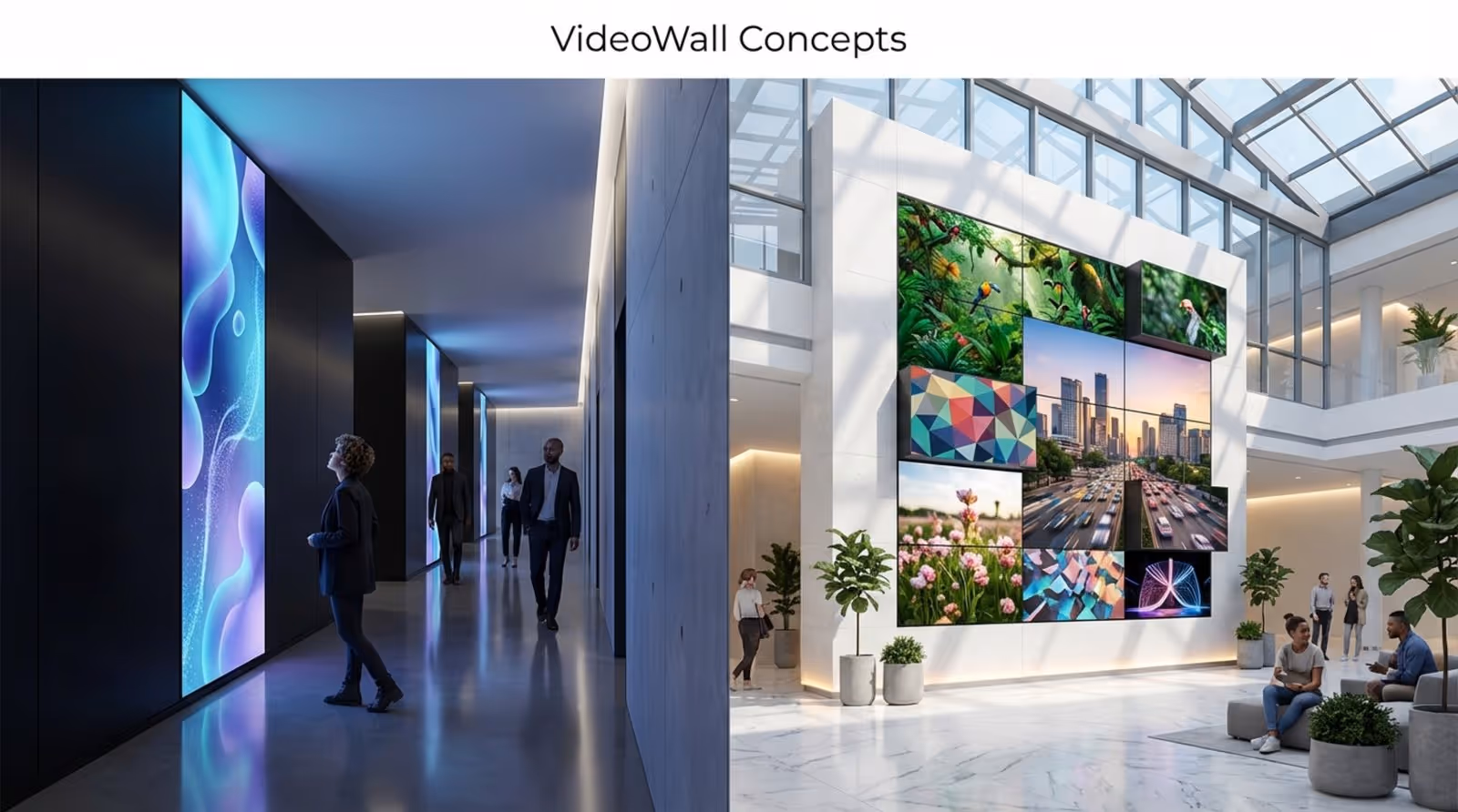 Illustration of two creative video wall setups: a vertical strip in a corridor displaying digital art and a mosaic-style grid in a grand atrium with vibrant images.