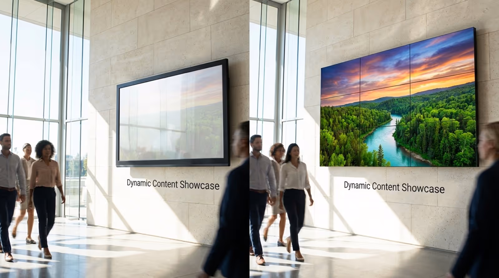 Comparison of a standard TV with glare and a high-brightness video wall displaying vibrant images in a sunny environment.