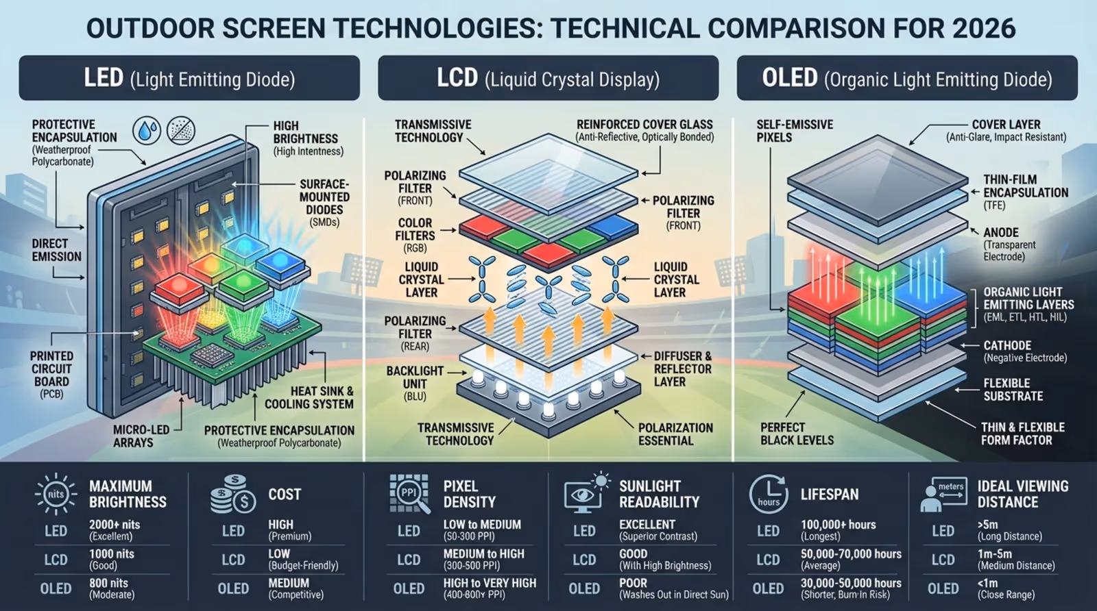 A technical infographic comparing LED LCD and OLED screen technologies with simplified cross-section diagrams and icons for key attributes.