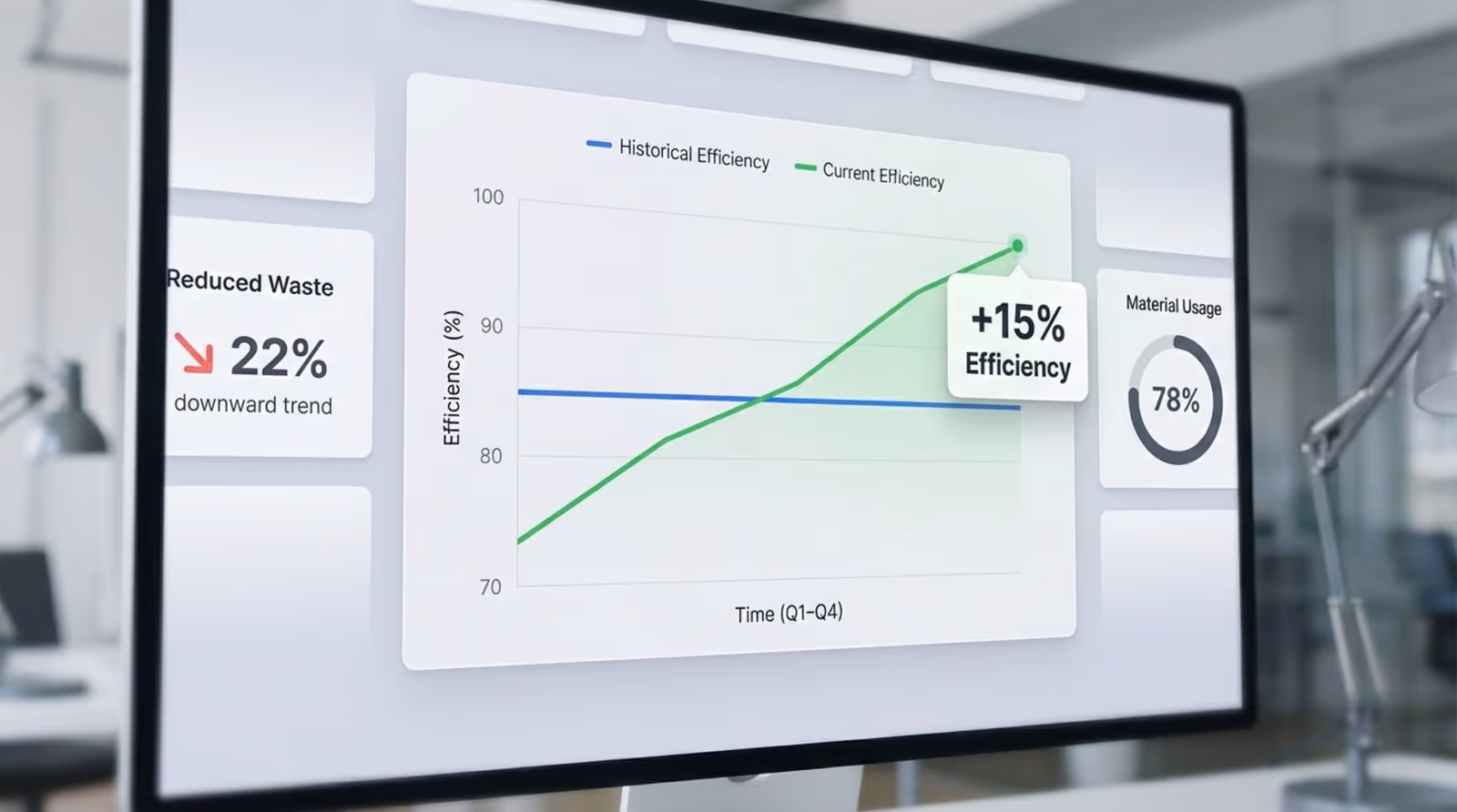 Close-up of a digital dashboard showing efficiency improvements with a line graph and key data widgets.