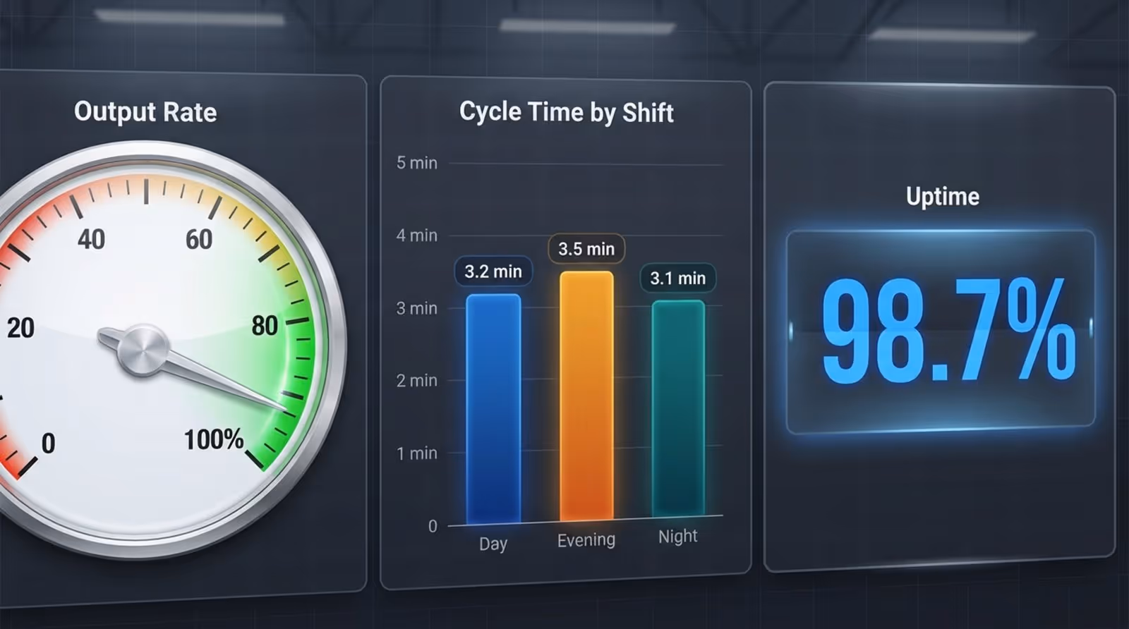 A detailed illustration of a manufacturing dashboard showing production metrics with gauges and charts for operational data.
