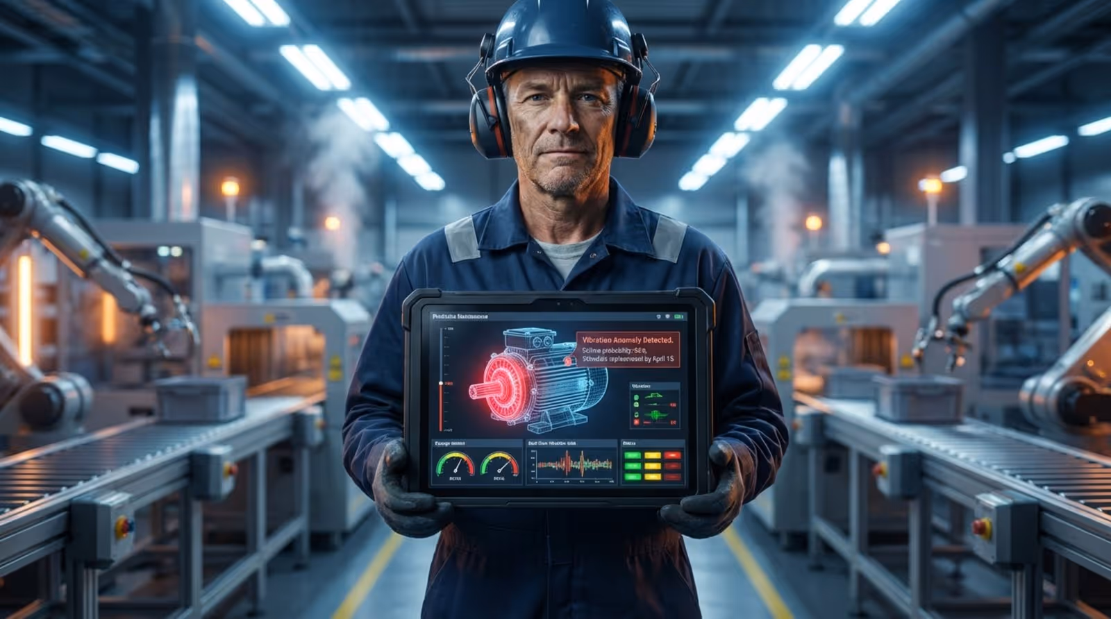 A technician uses a rugged tablet displaying a motor maintenance dashboard with an alert for a vibration anomaly.