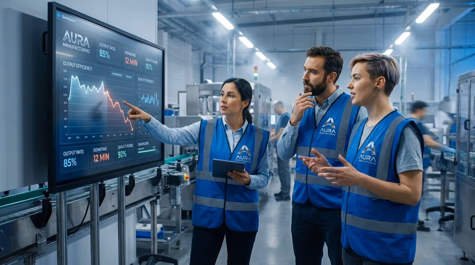 A team of factory employees collaborates around a touchscreen dashboard showing performance data.
