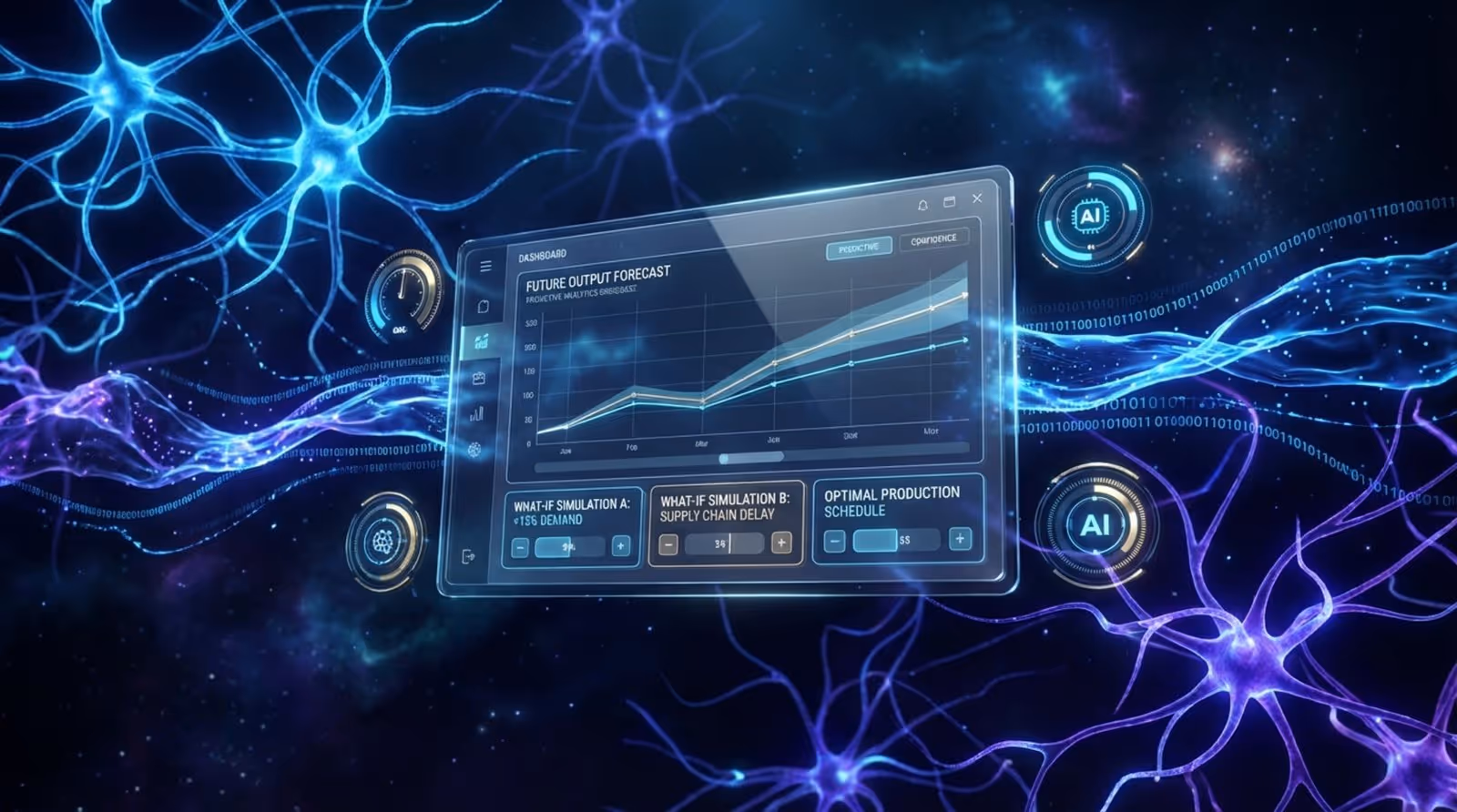 An abstract illustration of glowing neural network patterns and data streams converging into a holographic dashboard displaying AI-driven predictive trends and scenarios.