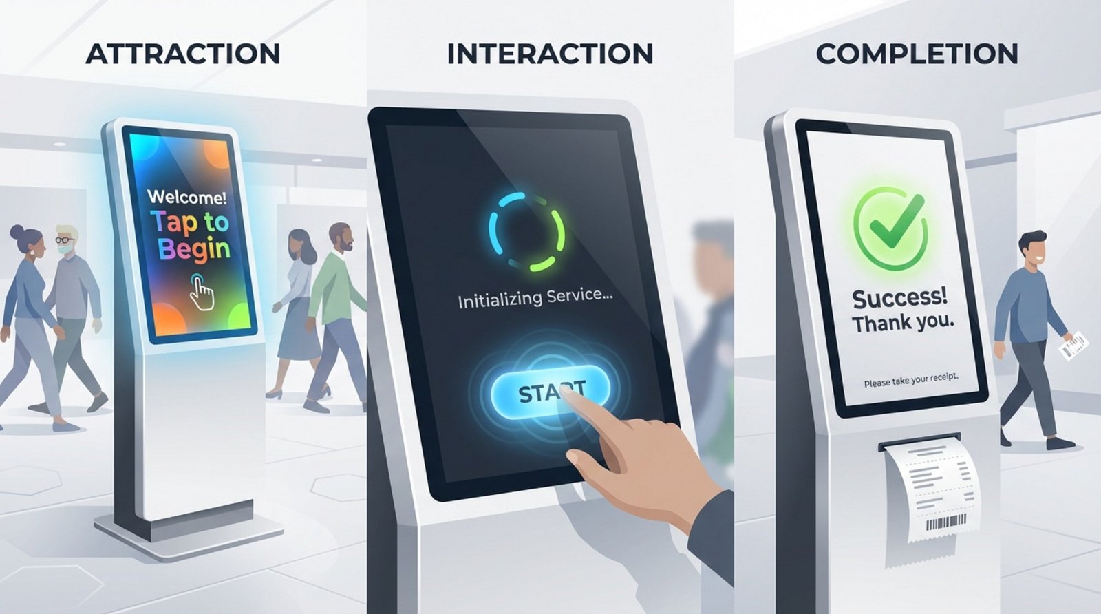 Three-panel infographic illustrating the kiosk user journey with vector graphics showing attraction, interaction, and completion stages.