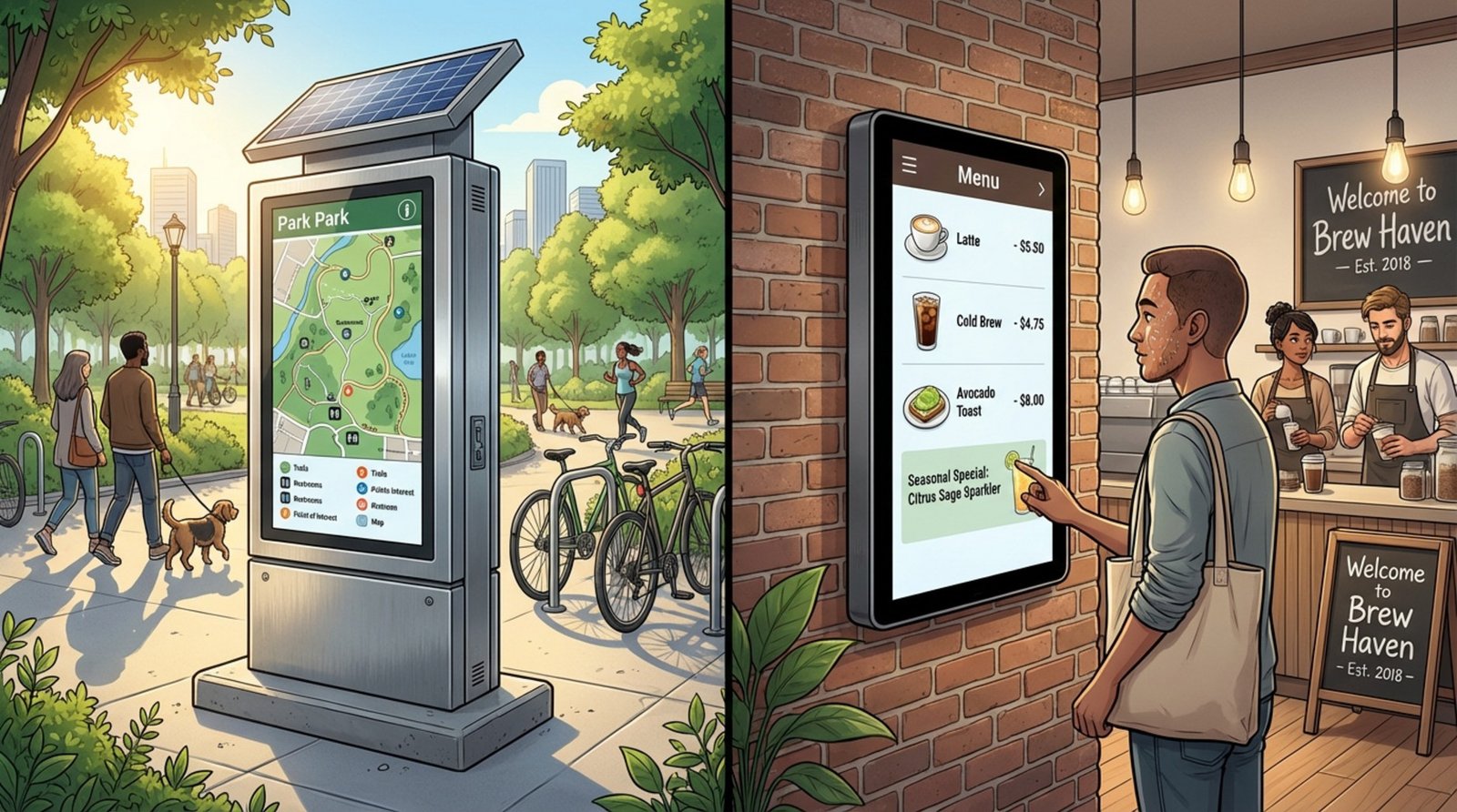 Split-screen illustration showing a large outdoor kiosk at a park entrance and a compact indoor tablet kiosk in a coffee shop, highlighting their different designs and settings.