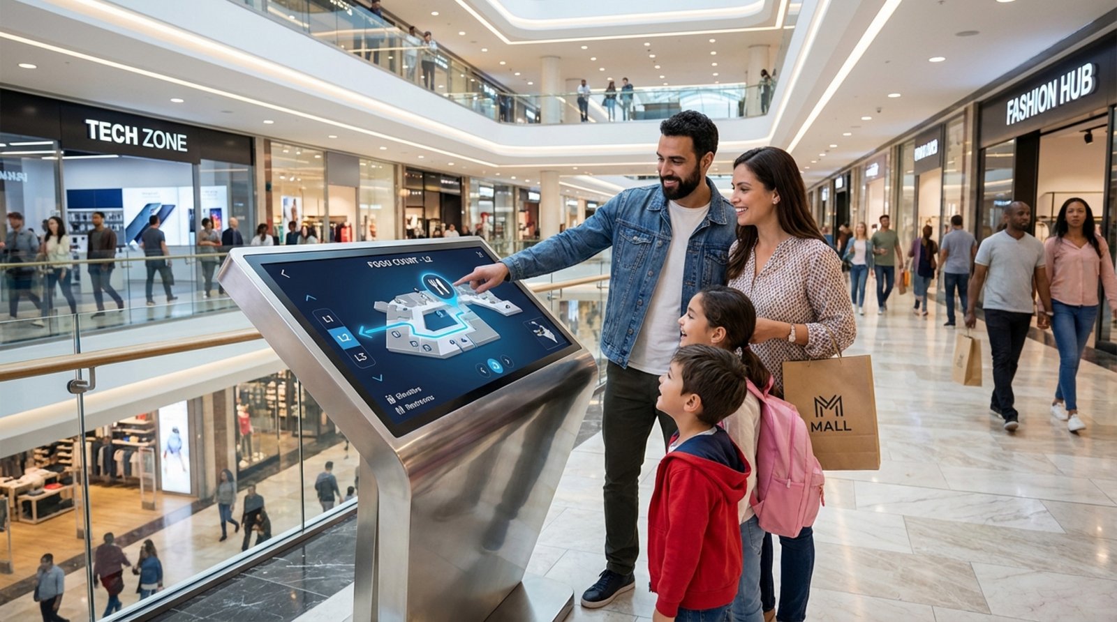 A family interacts with a digital kiosk in a busy shopping mall to find their way to the food court.