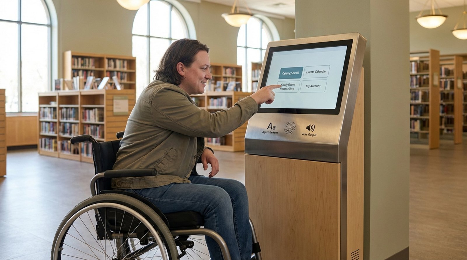 A person using a wheelchair interacts with an accessible information kiosk in a library, highlighting inclusive design and accessibility.
