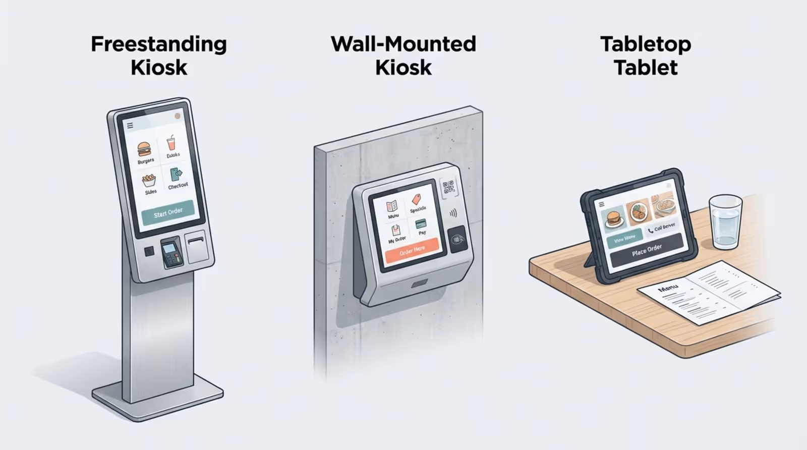 An infographic illustrating three types of self-ordering systems including a freestanding kiosk, wall-mounted kiosk, and tabletop tablet for easy ordering.