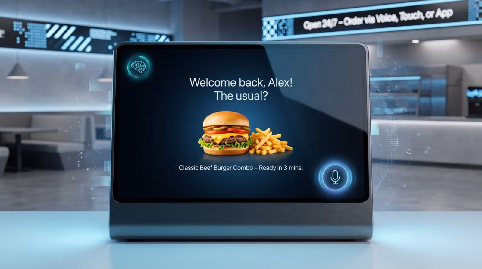 A sleek high-tech self-ordering kiosk with personalized greeting and voice ordering features.