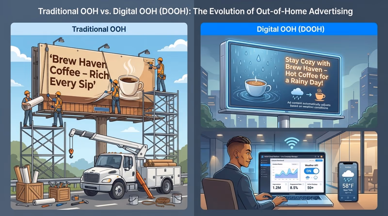 Side-by-side comparison of traditional and digital out-of-home advertising showing physical billboard installation and digital content updating.