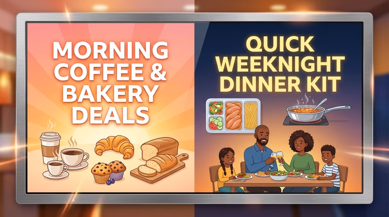Digital illustration depicting dayparting with a grocery store screen split between morning and evening promotions. The left shows morning coffee deals with sunrise graphics, and the right displays evening dinner kits with warm visuals.