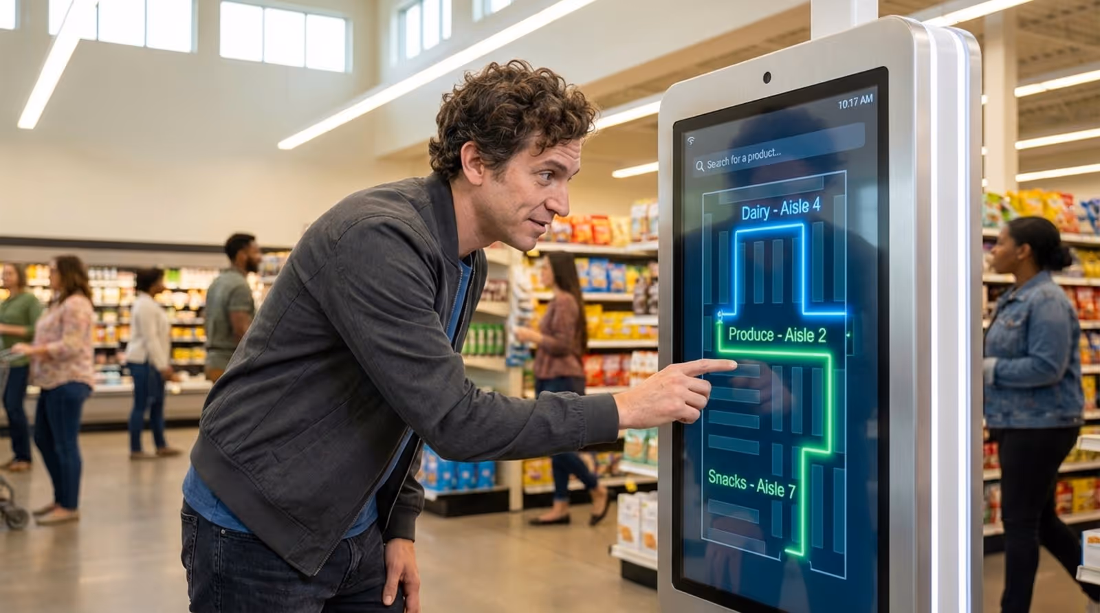 A shopper interacts with a touchscreen kiosk in a grocery store, highlighting a high-tech shopping experience.