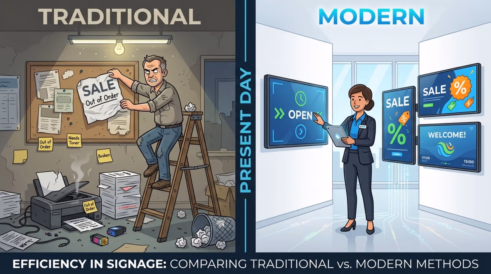 Comparison of traditional and modern signage methods showing a frustrated employee with paper signs and a smiling manager updating digital screens.