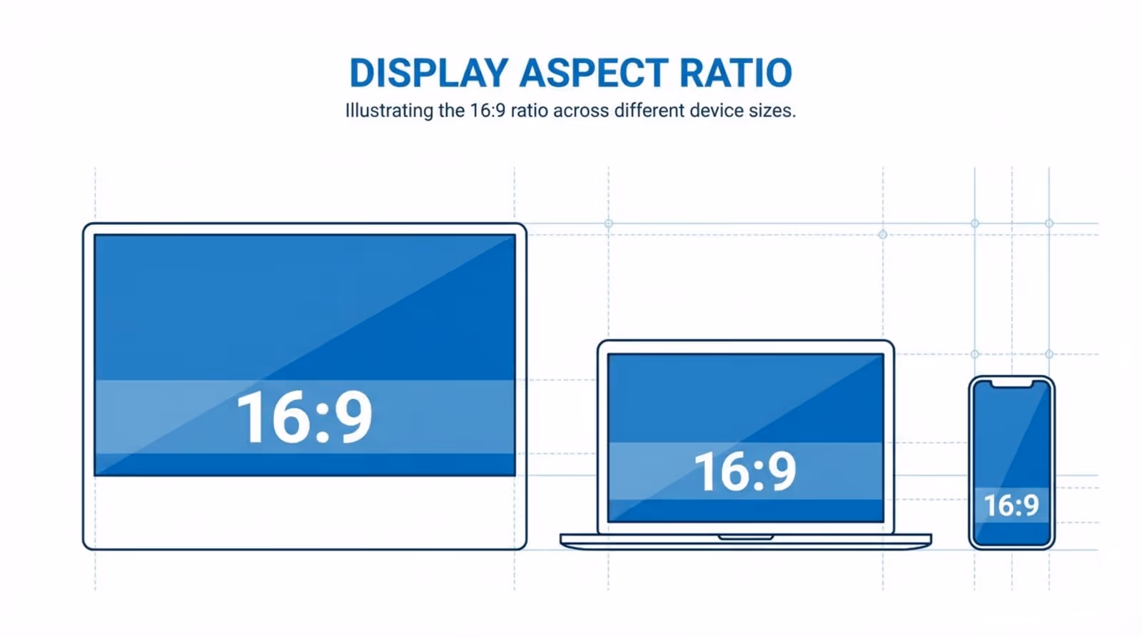 Minimalist infographic showing three devices with 16:9 aspect ratio to illustrate display proportions across different screens.