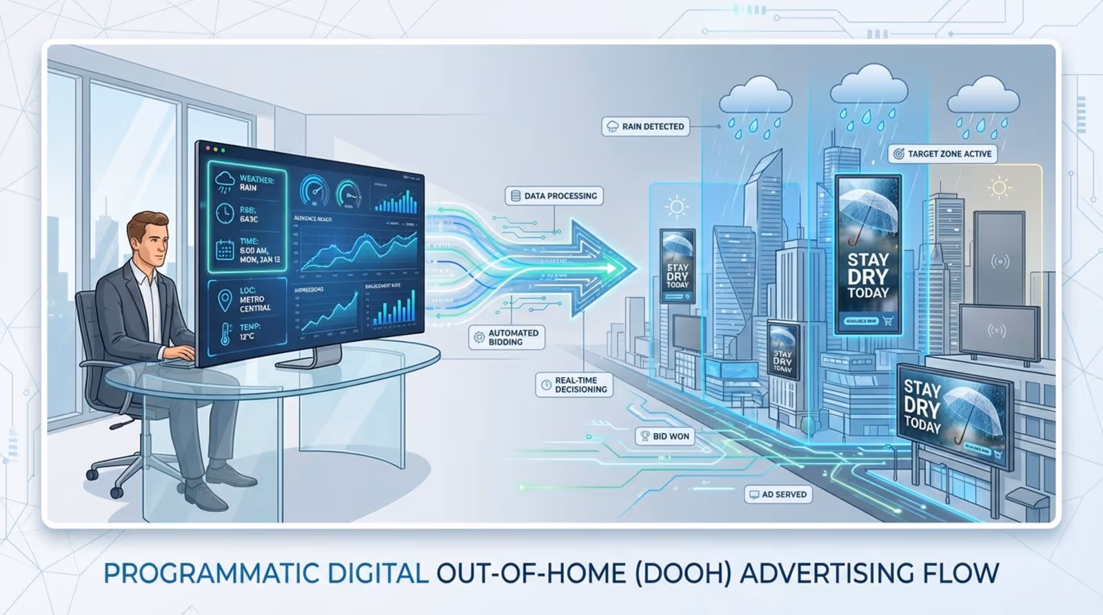 An infographic illustrating automated digital out-of-home advertising driven by data triggers. It shows a computer dashboard with weather and time data directing selective activation of city screens displaying umbrellas.