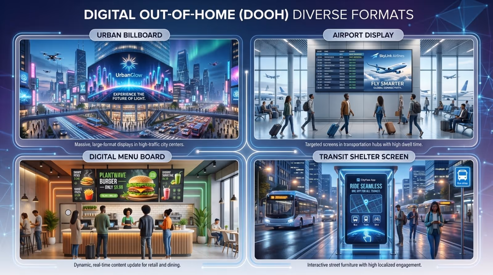 A modern infographic displaying four types of Digital Out-of-Home advertising including a skyscraper billboard, airport digital screen, fast-food menu board, and transit shelter display.