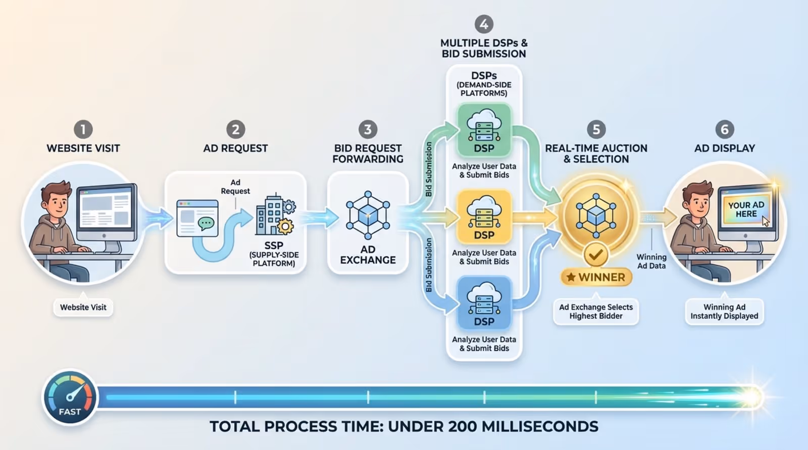 An infographic illustrating the step-by-step RTB process from user visit to ad display within 200 milliseconds.