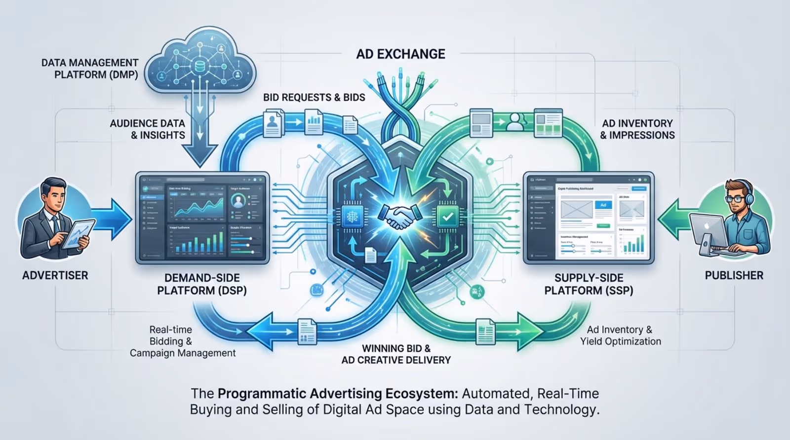 A diagram illustrating the programmatic advertising ecosystem with key platforms and data flow, centered on an ad exchange connecting advertisers and publishers.