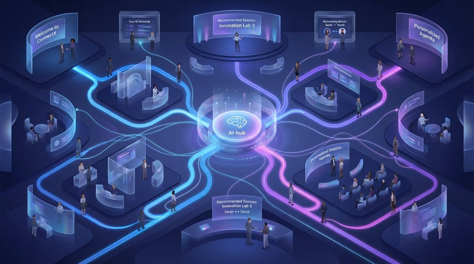 An abstract illustration showing AI guiding conference attendees with glowing paths and networking connections.