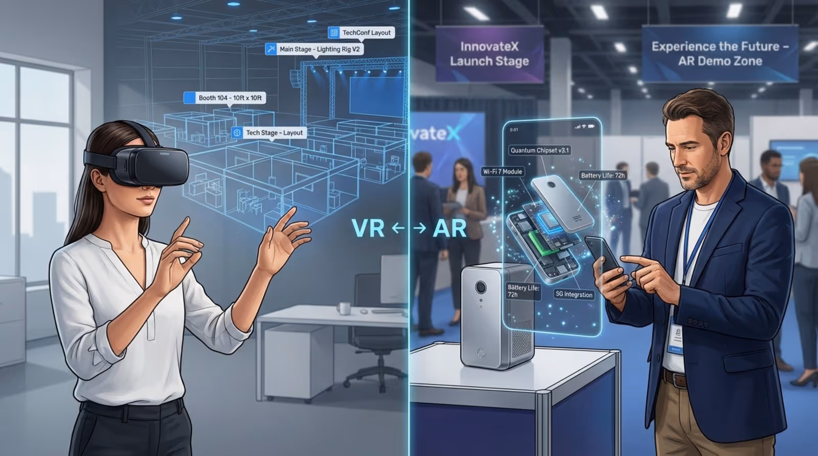 Split-screen image contrasting virtual reality planning with augmented reality attendee experience at a convention.