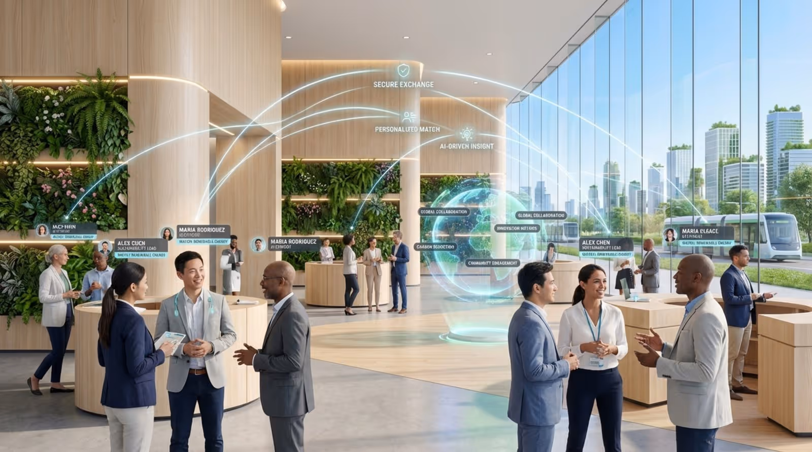 A modern conference hall with diverse attendees connecting through glowing lines, symbolizing AI-driven personalization and data flow.