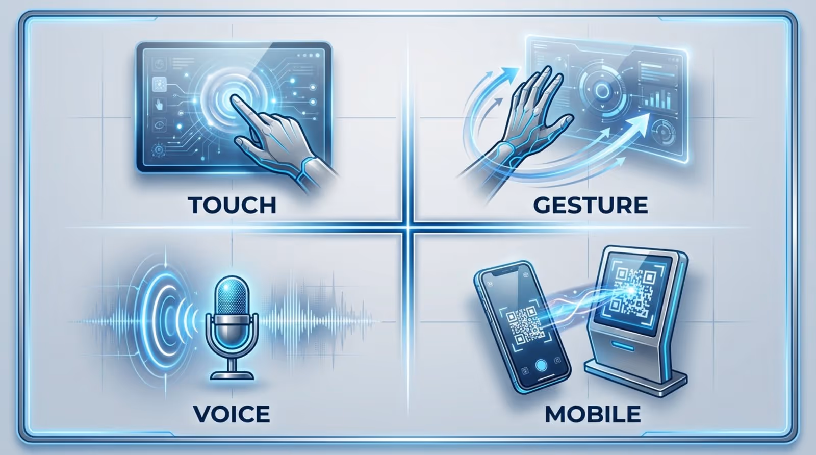 A modern infographic illustrating interactivity with icons for touch, gesture, voice, and mobile control methods.