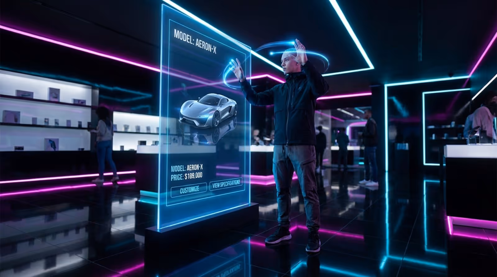 A person interacts with a large glowing screen using gesture control in a high-tech retail environment, navigating a 3D product model with light trails showing their hand movements.