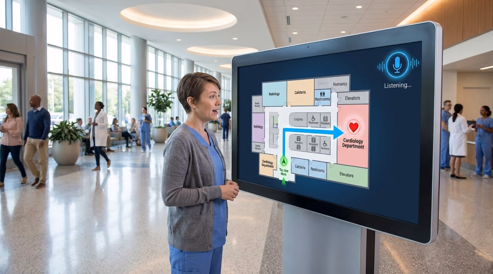 A voice-activated digital sign in a hospital lobby displaying a map with a highlighted route to the cardiology department.