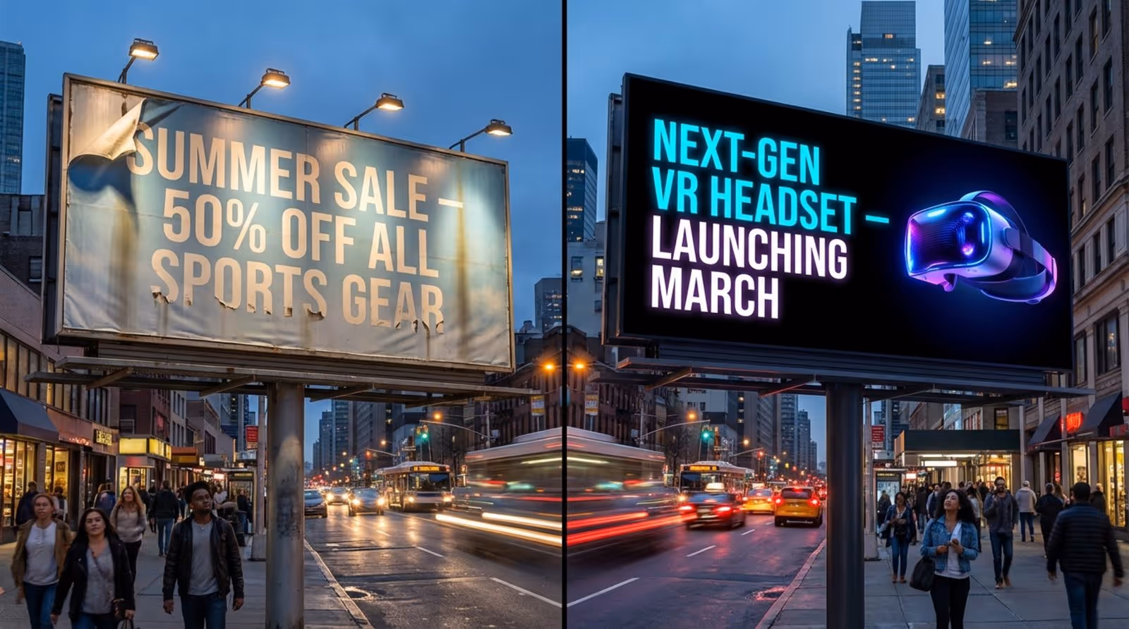 Comparison of a worn static billboard and a vibrant digital billboard along a road showing technological and visual differences.