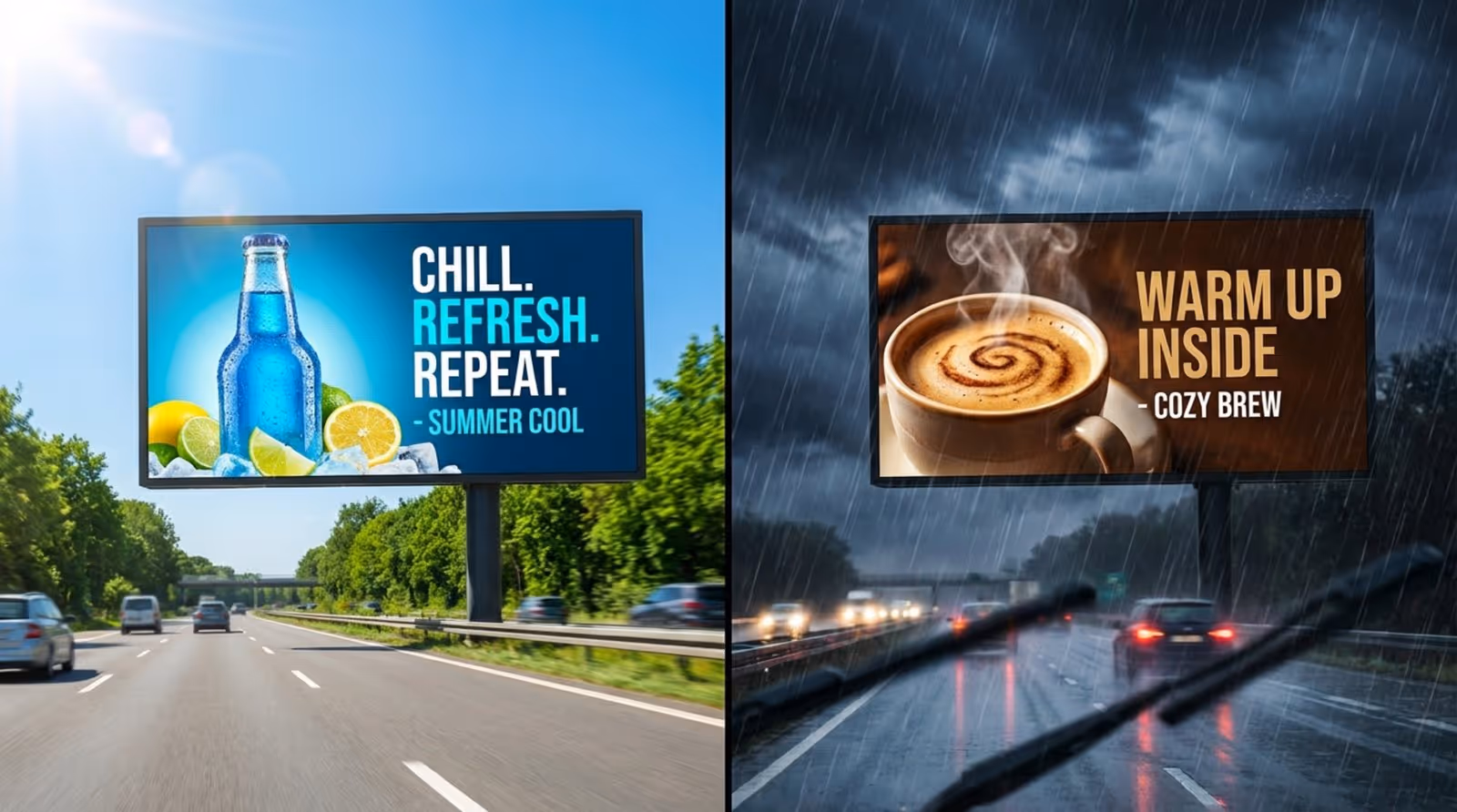 Split-screen image showing a billboard adapting to weather conditions with vibrant ads for soda on a sunny day and coffee on a rainy day.