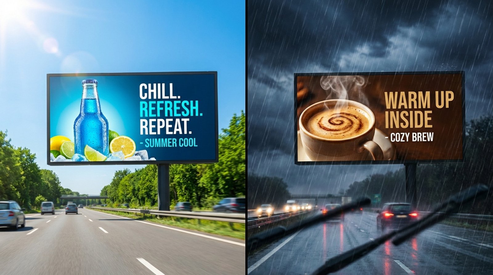 Split-screen image showing a billboard adapting to weather conditions with vibrant ads for soda on a sunny day and coffee on a rainy day.