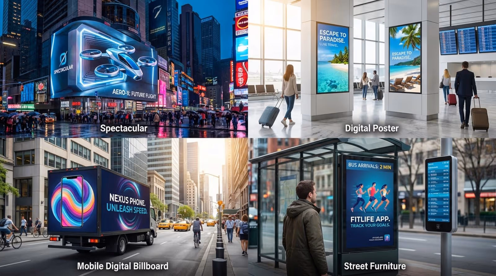 Photorealistic collage of four digital billboards in various environments including a city square, airport, urban street, and bus stop.