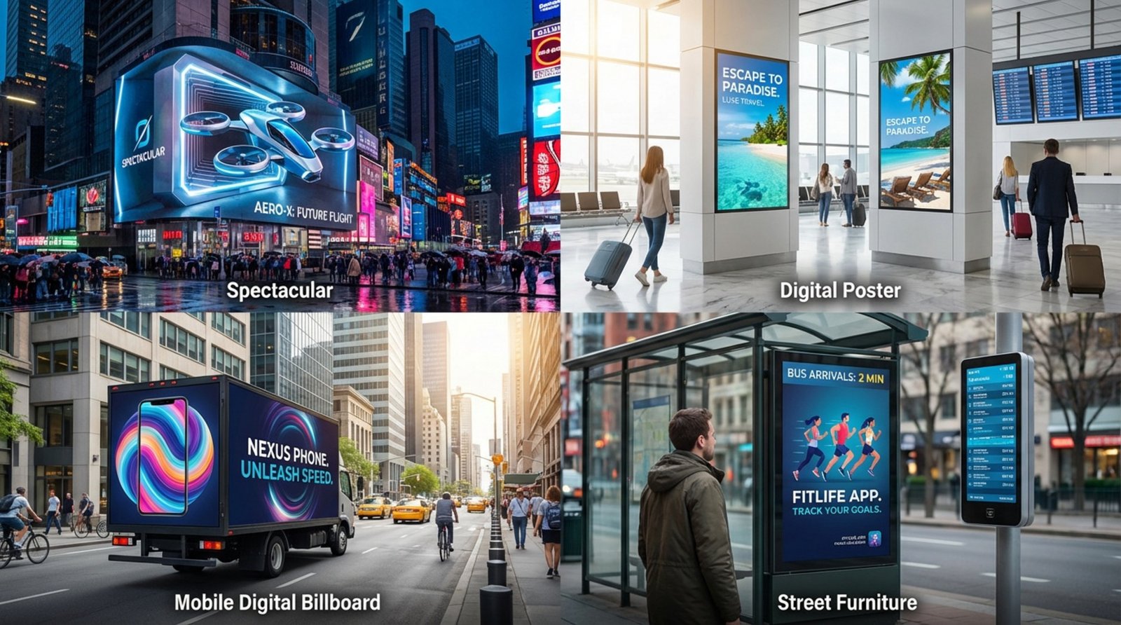Photorealistic collage of four digital billboards in various environments including a city square, airport, urban street, and bus stop.
