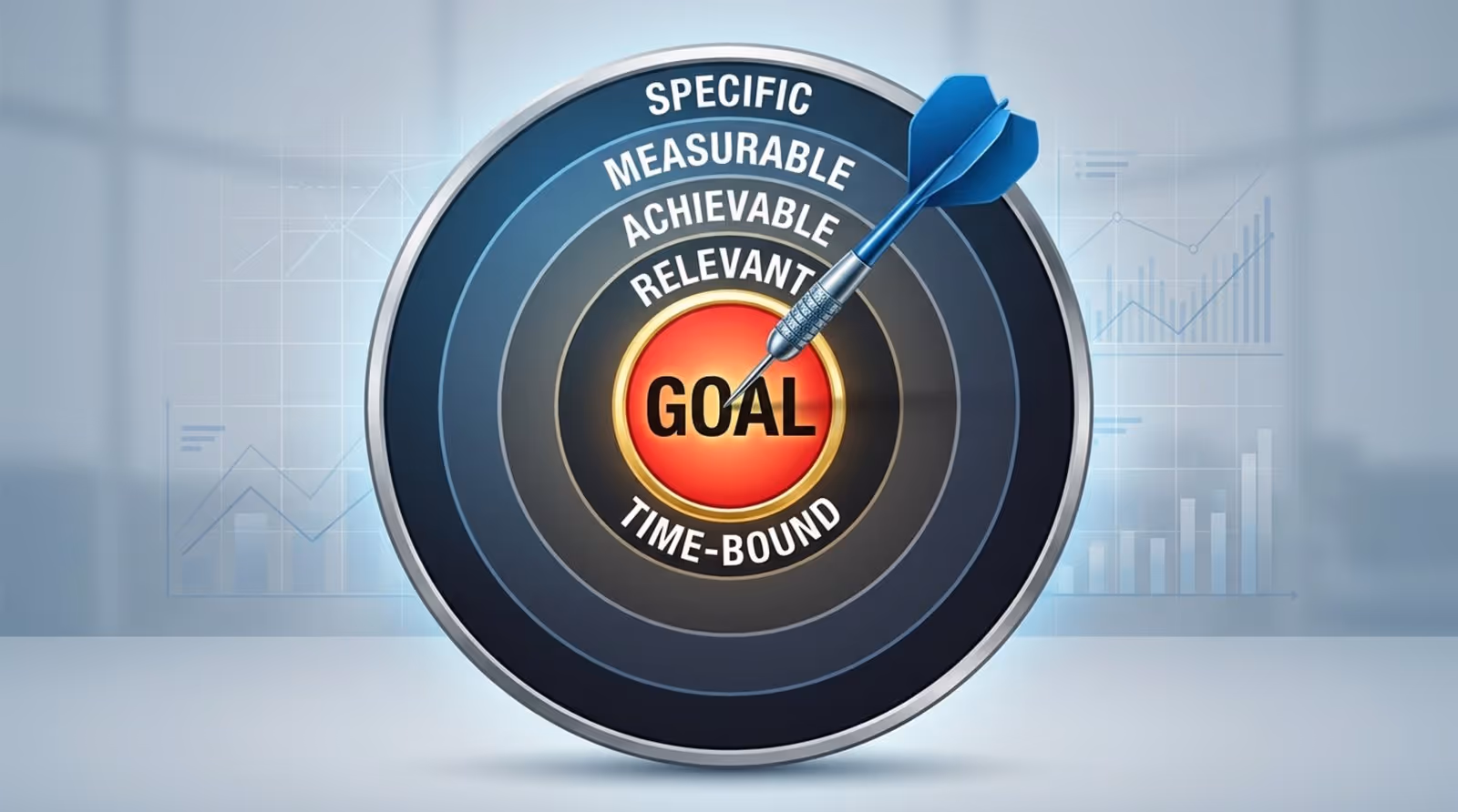 A conceptual illustration of a dartboard hitting the bullseye labeled Goal with SMART criteria rings, representing goal-setting and strategic planning.