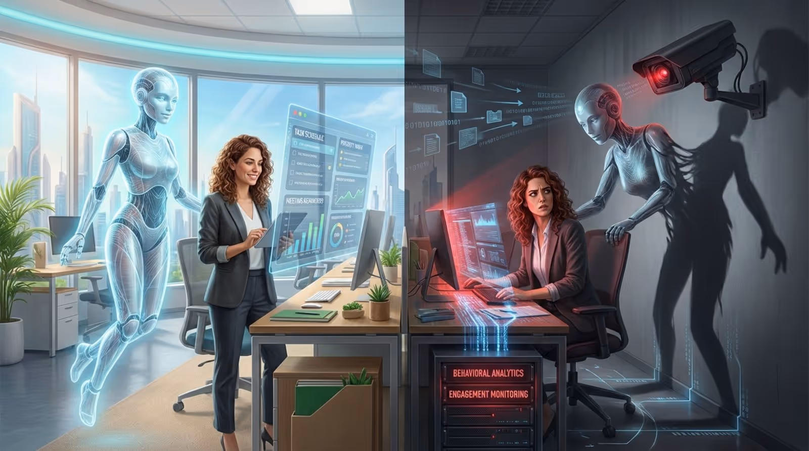 Conceptual illustration showing the dual nature of AI in the workplace with helpful AI on one side and surveillance risks on the other.